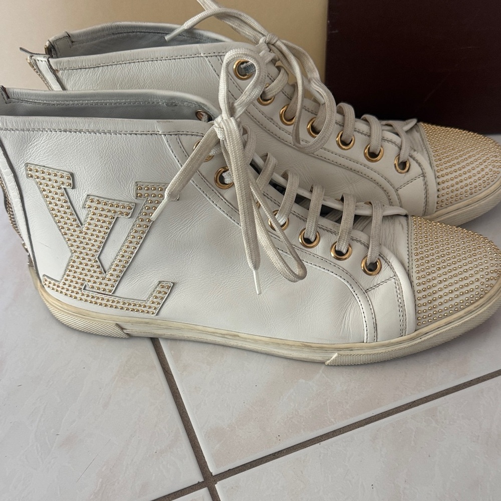 Louis Vuitton White and Gold Stud High-Top Sneakers